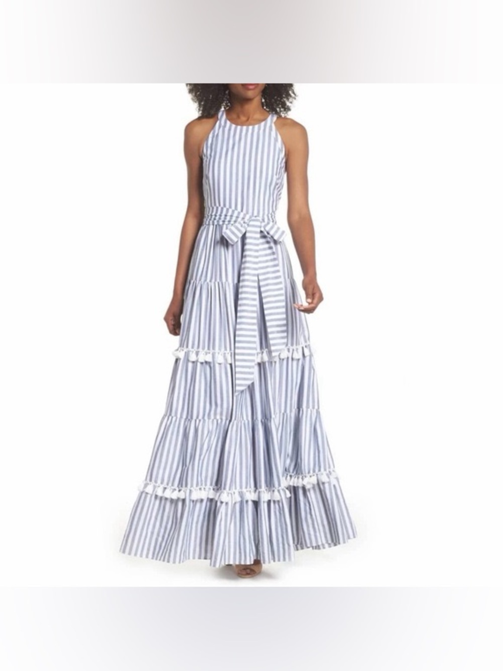 Eliza J Tiered Tassel Fringe Cotton Maxi Dress Size 10 - C52-102